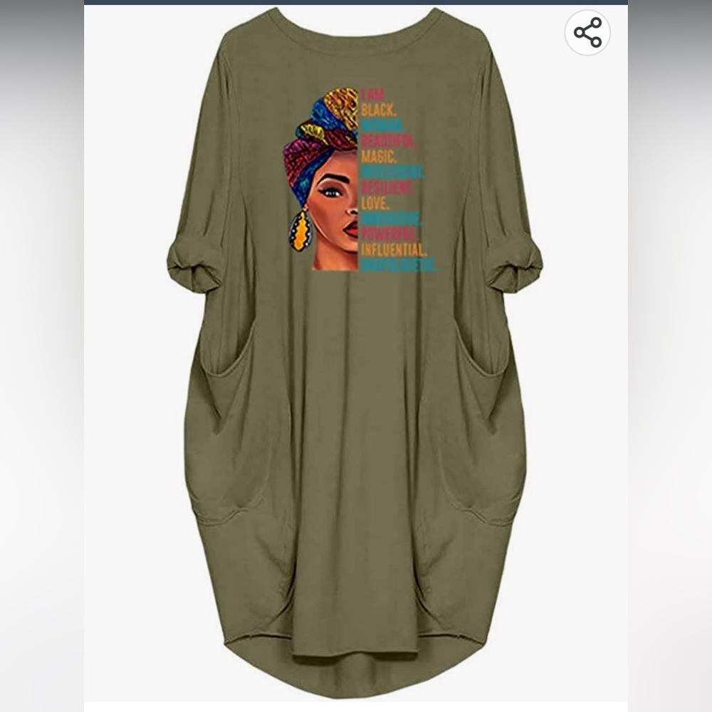 New Black Women Beautiful Magic, long sleeve and pockets tunic dress